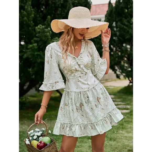 Printed Frill Trim Lace-Up Flare Sleeve Mini Dress - Picture 1 of 6